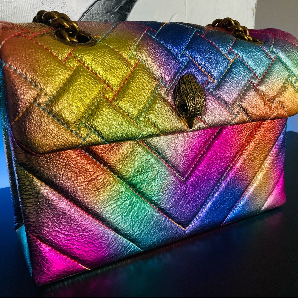 KURT GEIGER LONDON QUILTED AIRBRUSH LEATHER RAINBOW IRIDESCENT HANDBAG